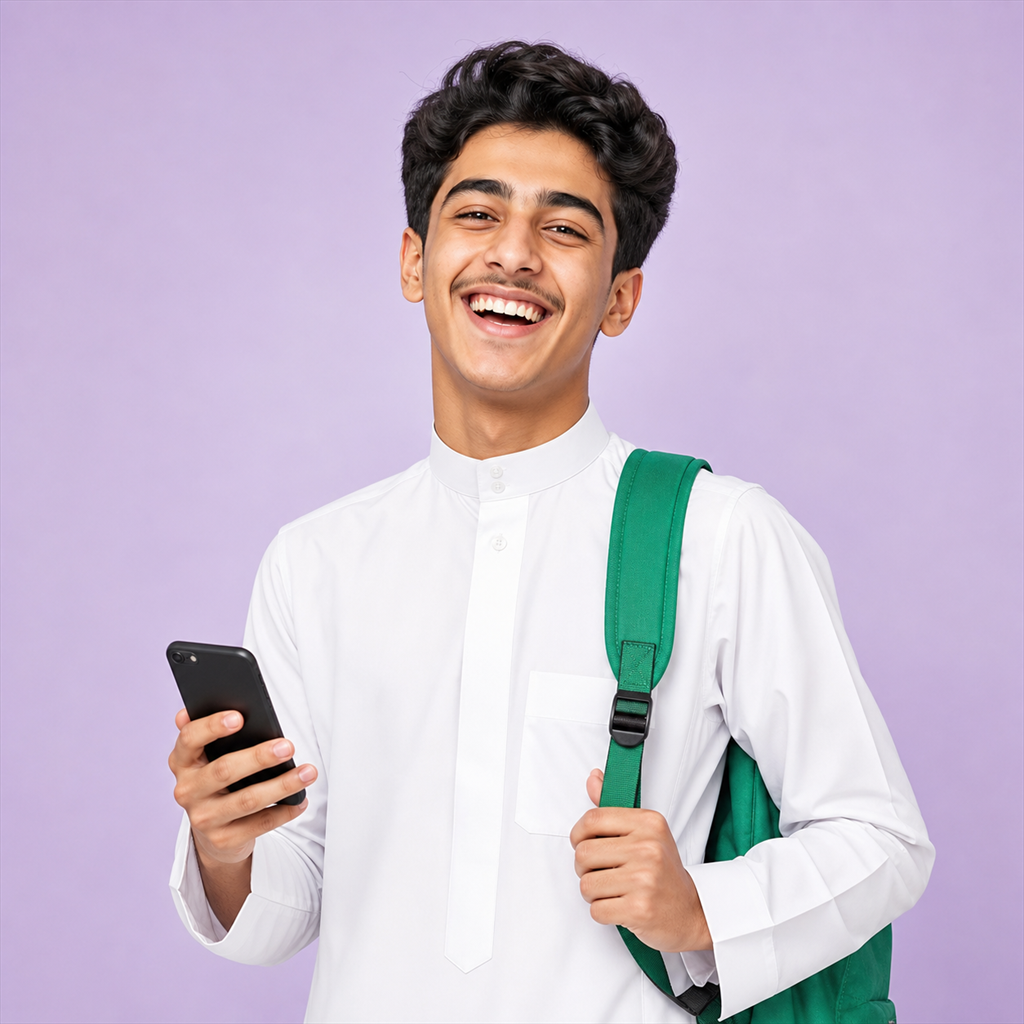 طالب سعودي سعيد يحمل هاتفه وحقيبته